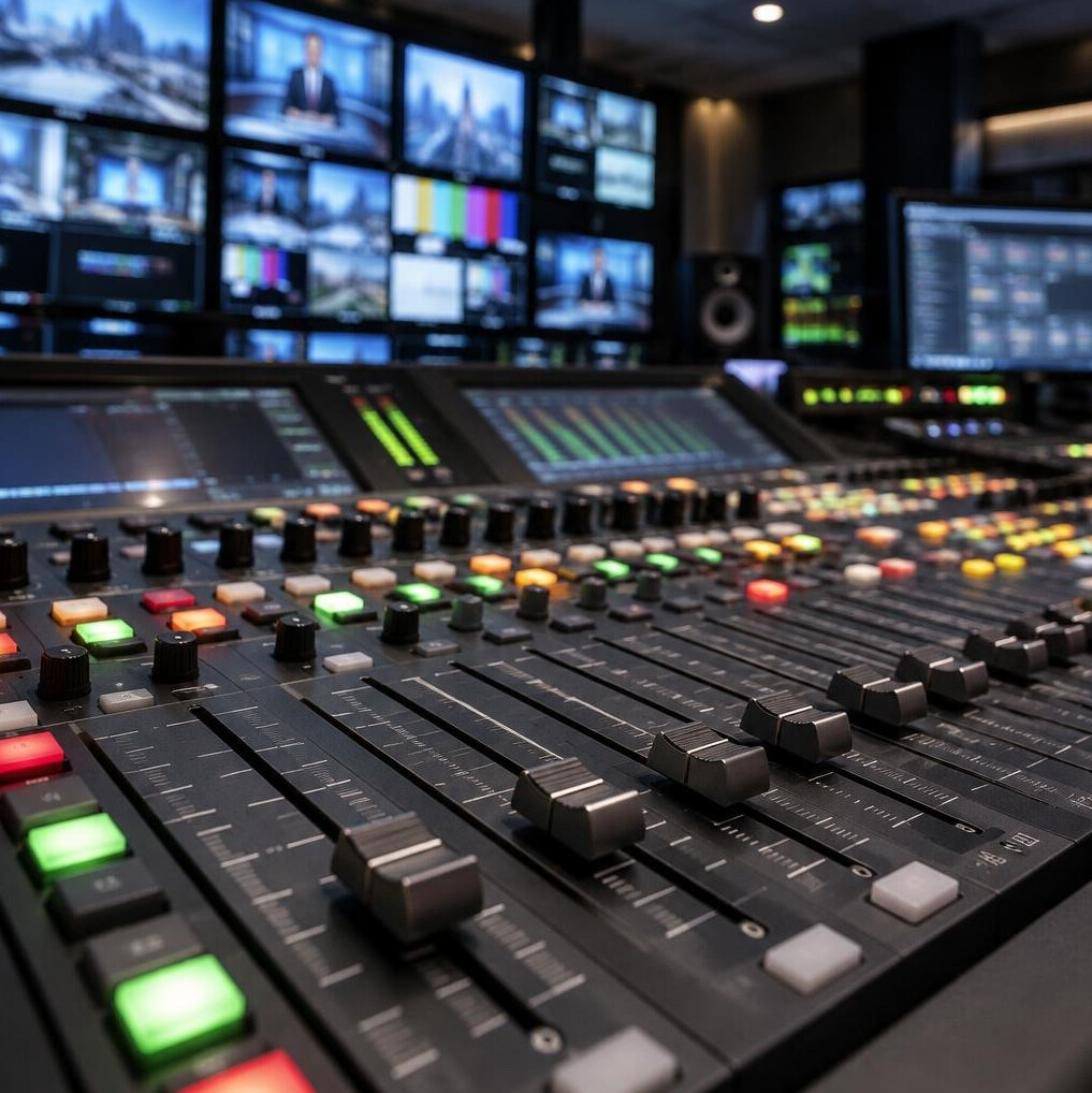 Audio mixing desk with sliders in a control room