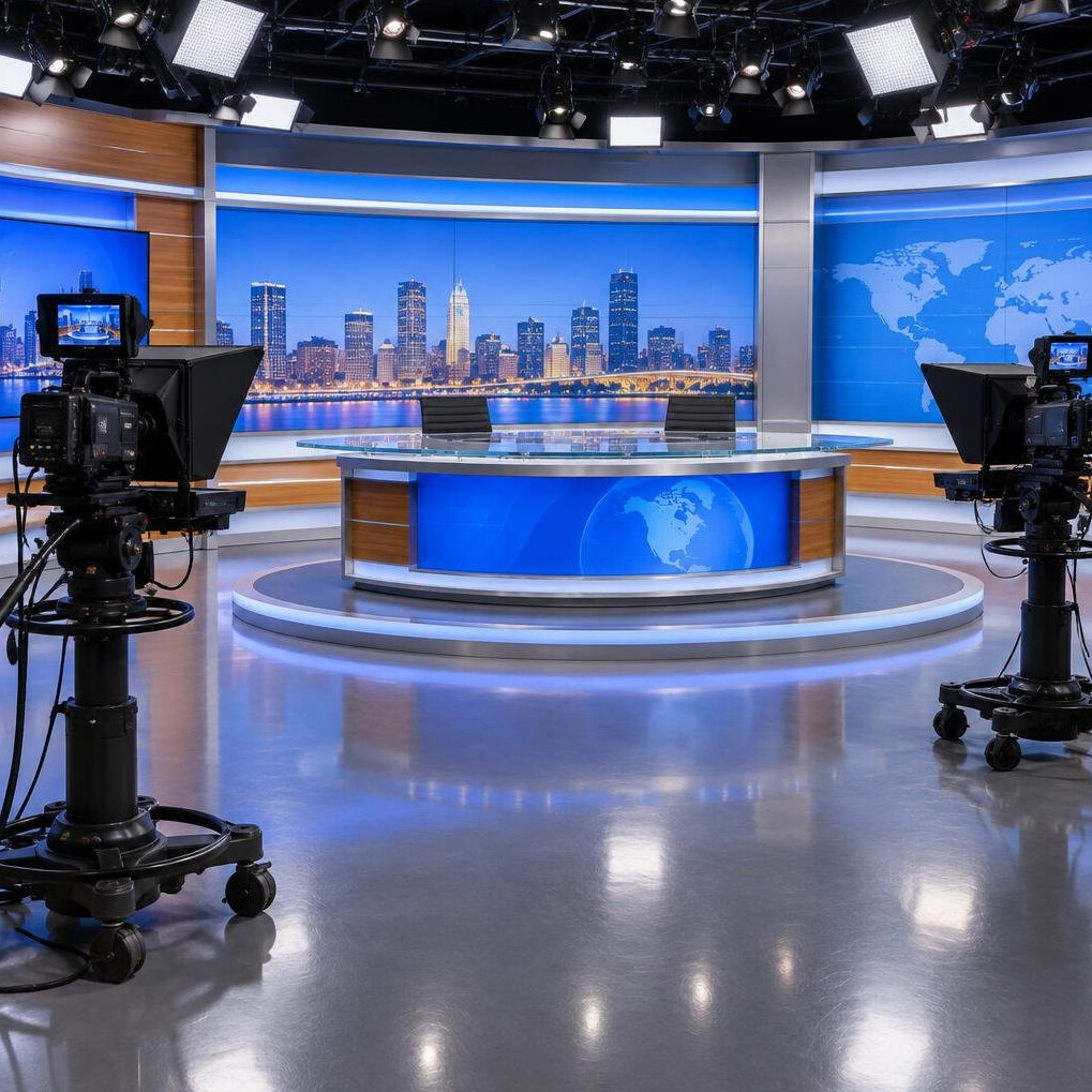 Empty television studio set with cameras