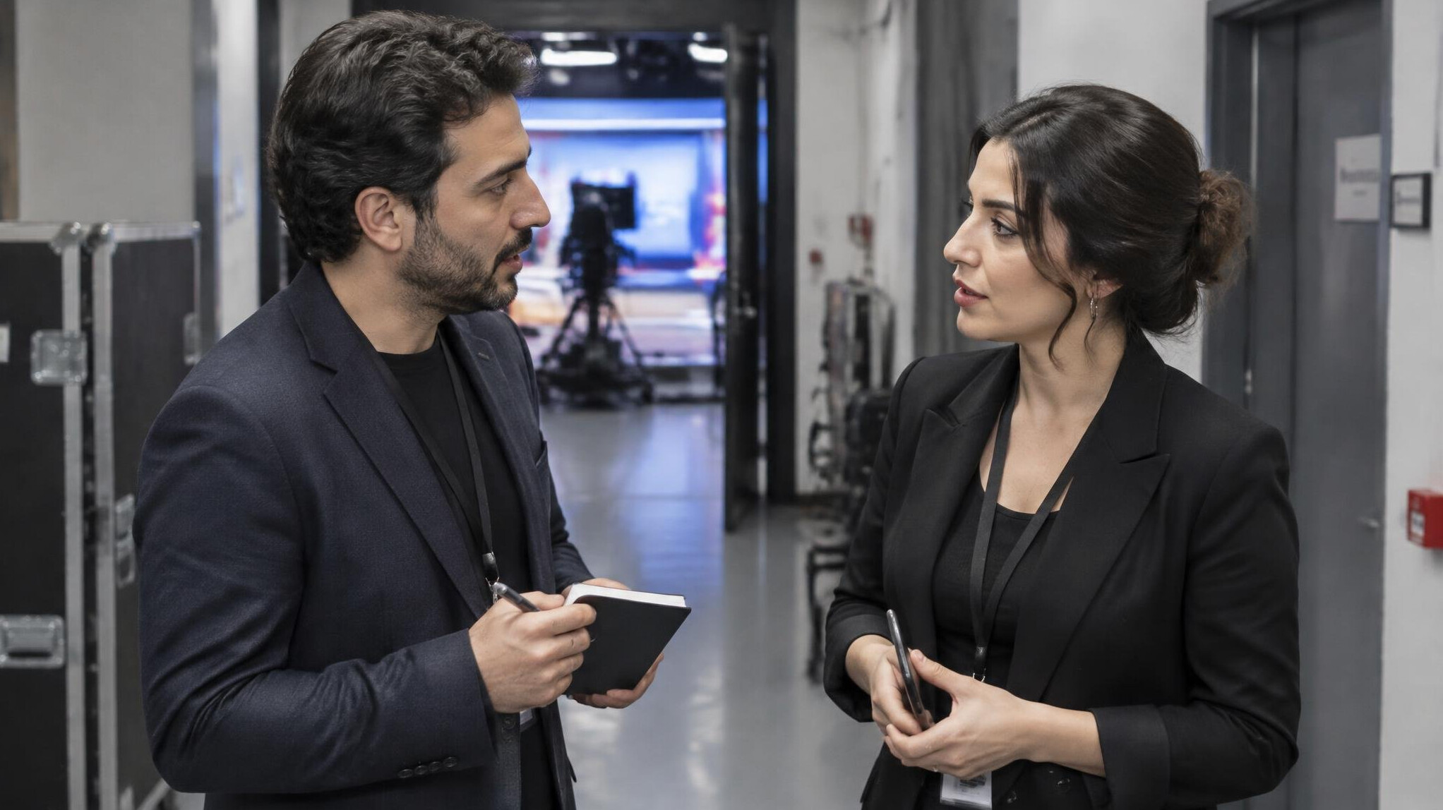 Two colleagues having a calm conversation backstage