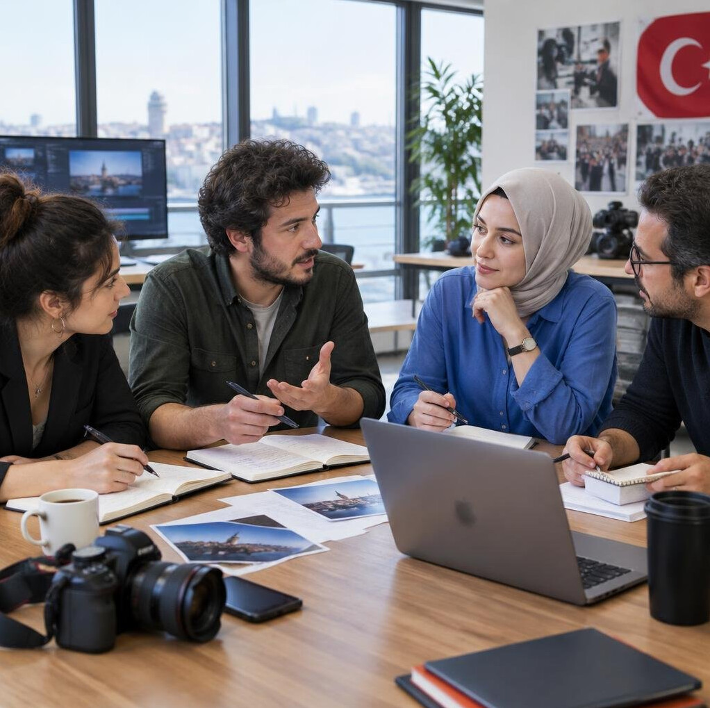 Small team meeting around a table with notes