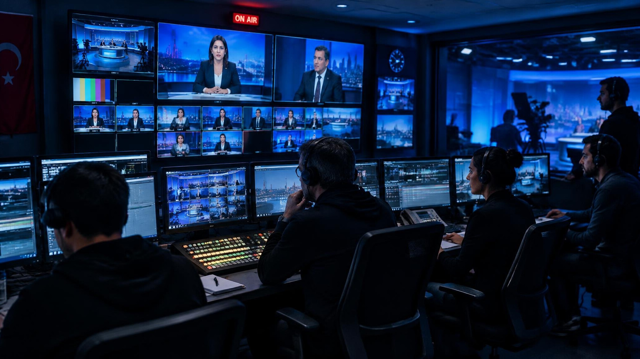 Television studio control room during a live broadcast