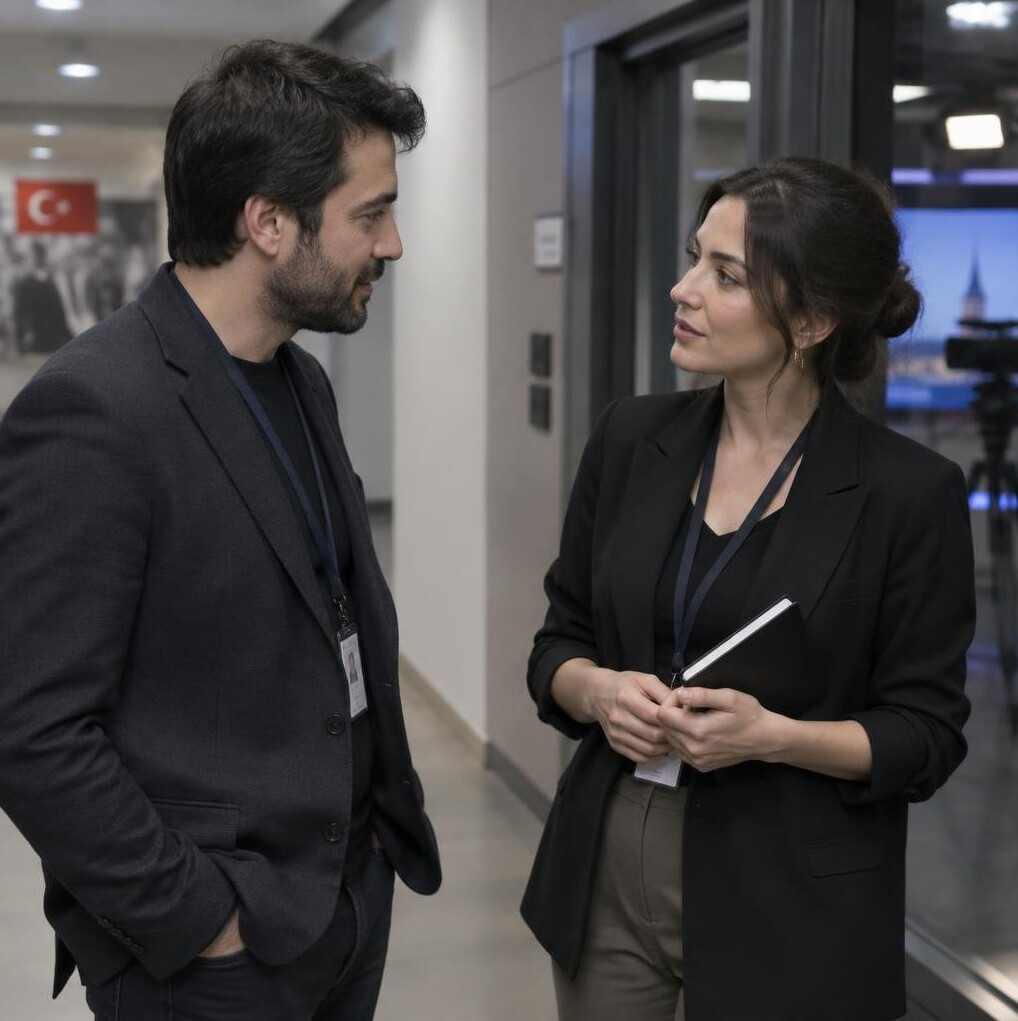 Two colleagues talking quietly in a studio hallway