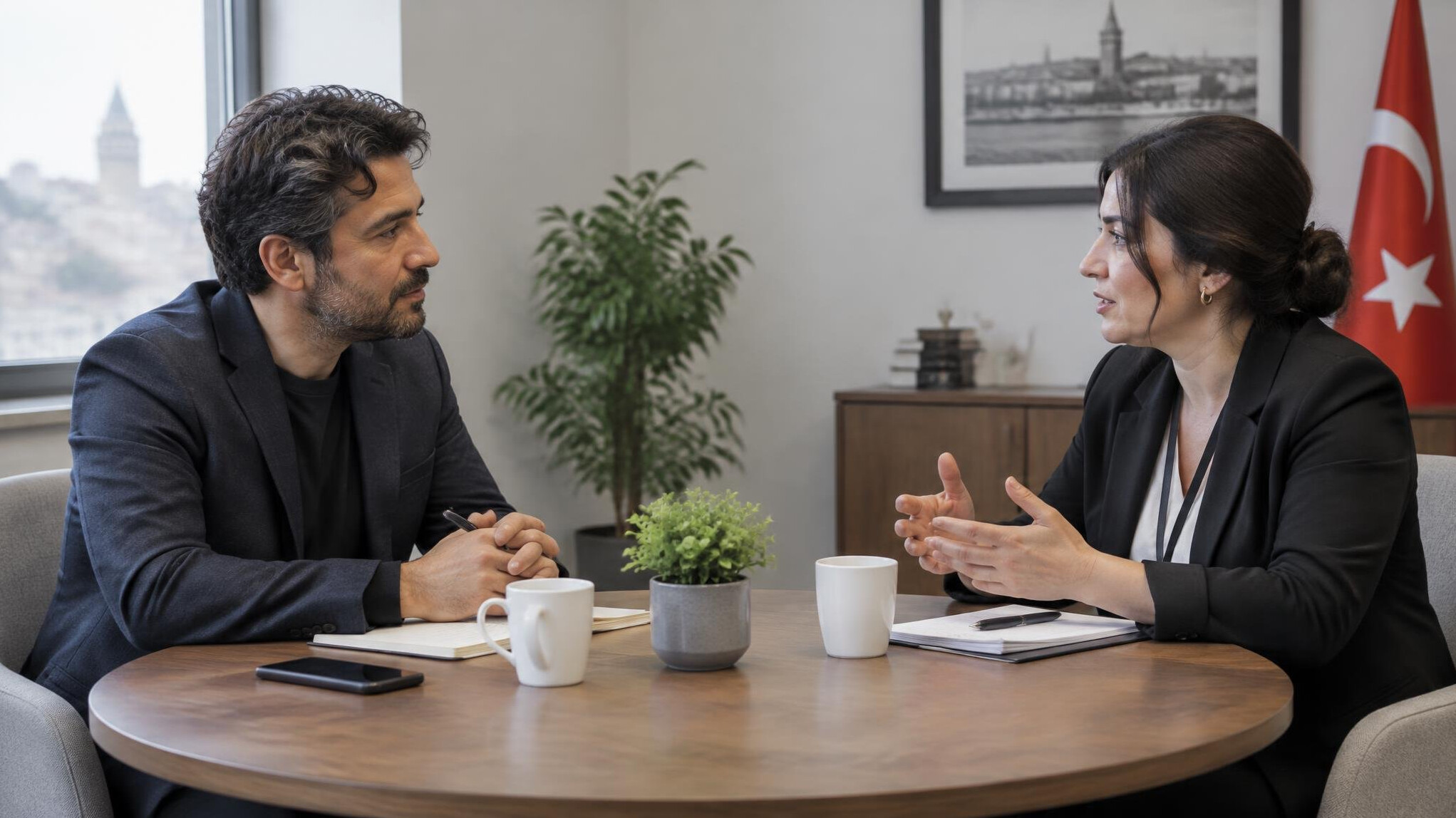 Two people sitting across a table in a calm discussion