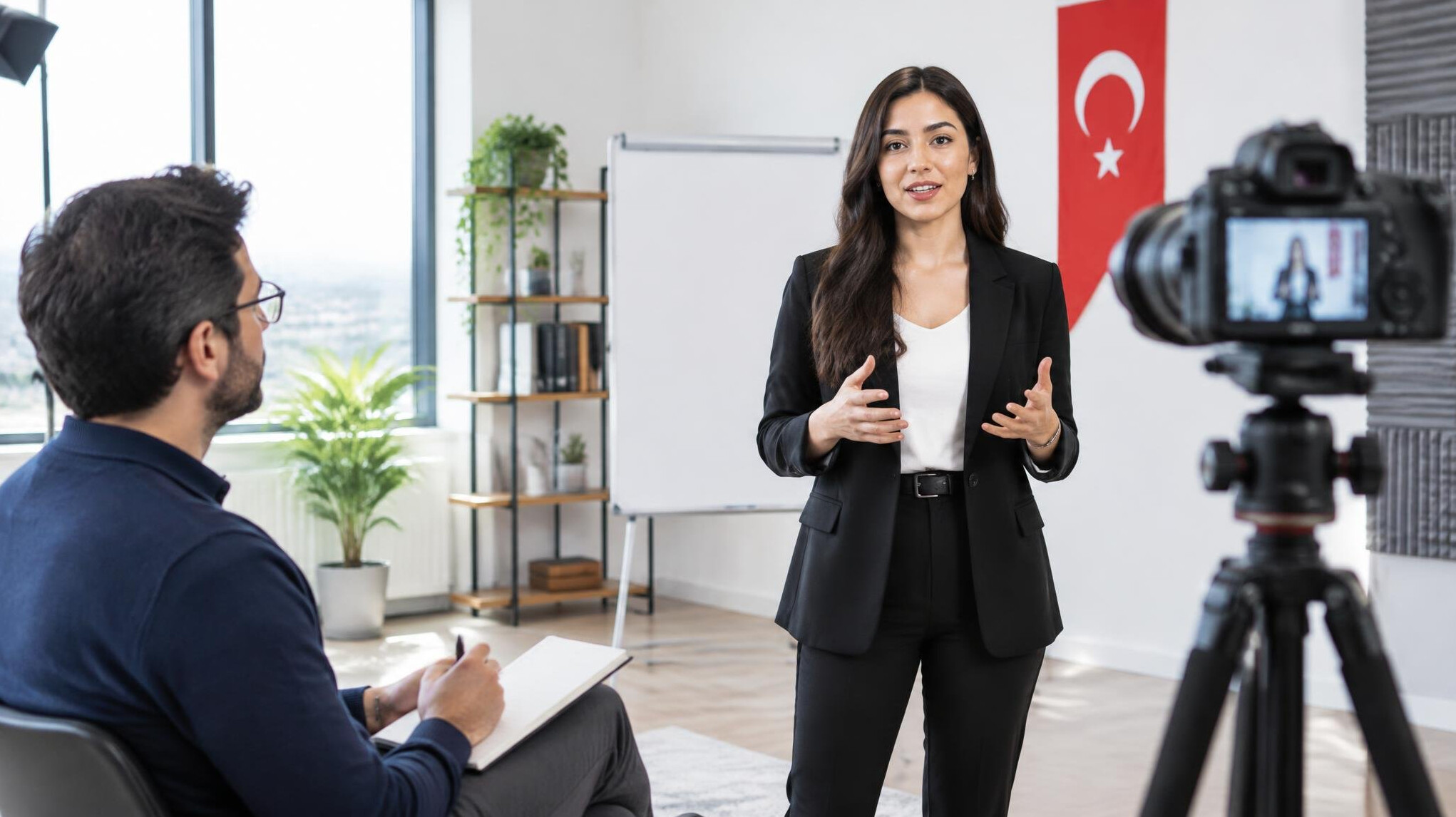 Group training session with a presenter practicing in front of a camera