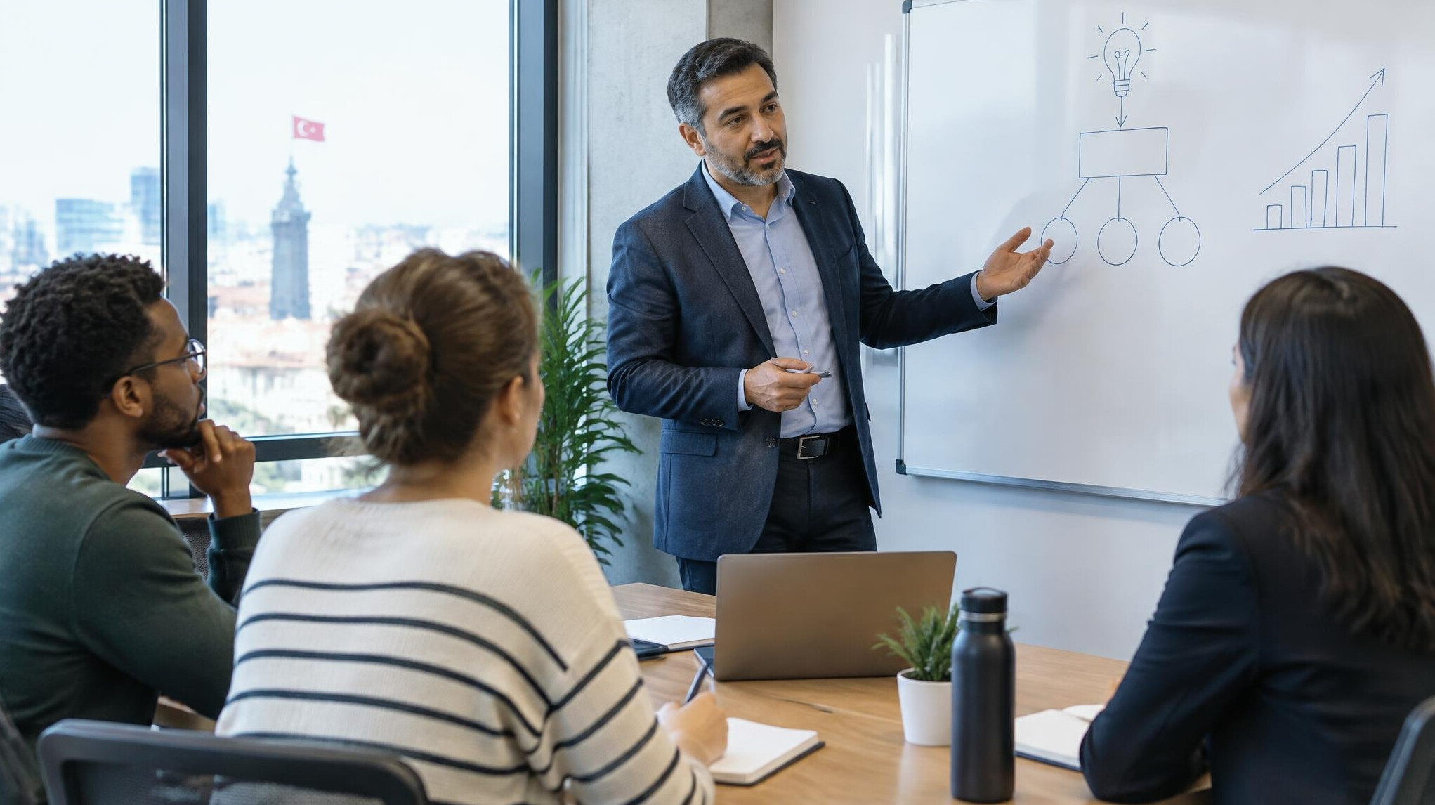 Trainer explaining a concept to a small group in a meeting room
